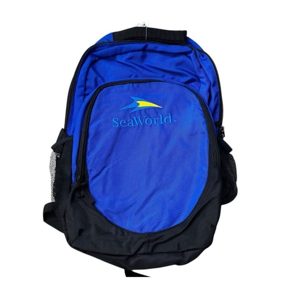 Large Seaworld Blue Canvas Backpack Embroidered Side Drink Pockets Padded  NWT